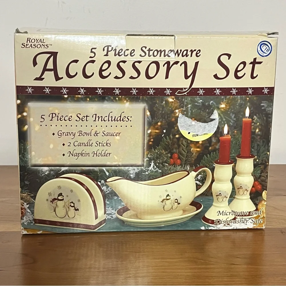 Royal Seasons 5 Piece Stoneware Accessory Set‎ Snowman Holiday Christmas
